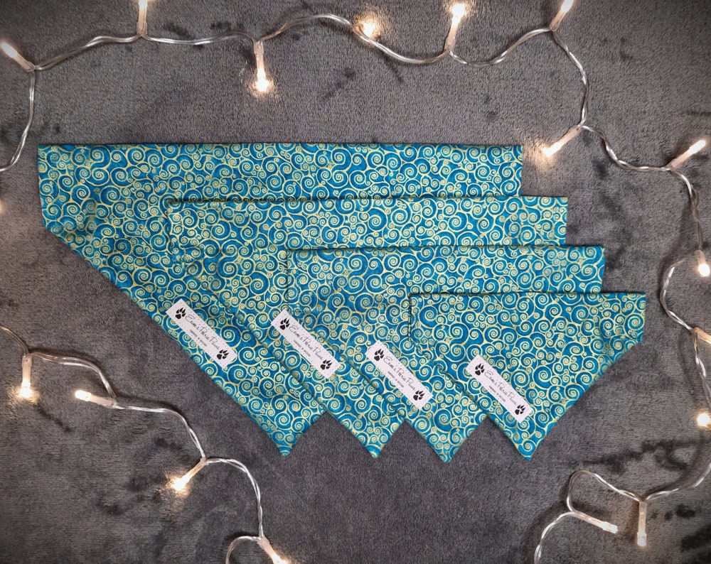 Teal with Golden Swirls Design Over The Collar Pet Bandana